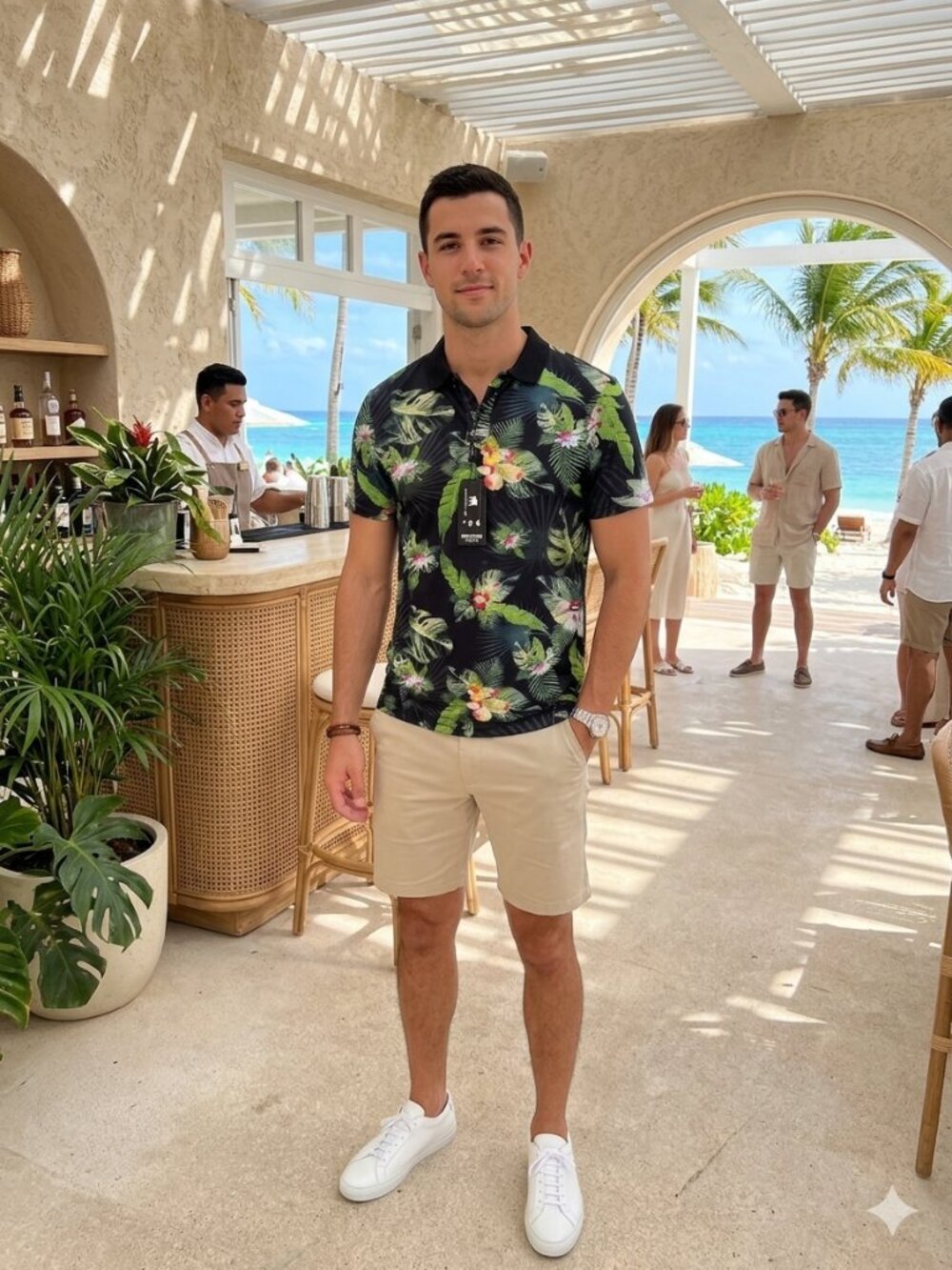 American Stitch Polo Shirt Mens  Black Tropical Hawaiian Floral Polyester